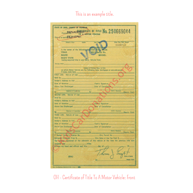 This is an Example of Ohio Certificate of Title To A Motor Vehicle Front View | Kids Car Donations